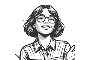 Smiling Woman with Glasses engraving, a Person Illustration by AlexArt