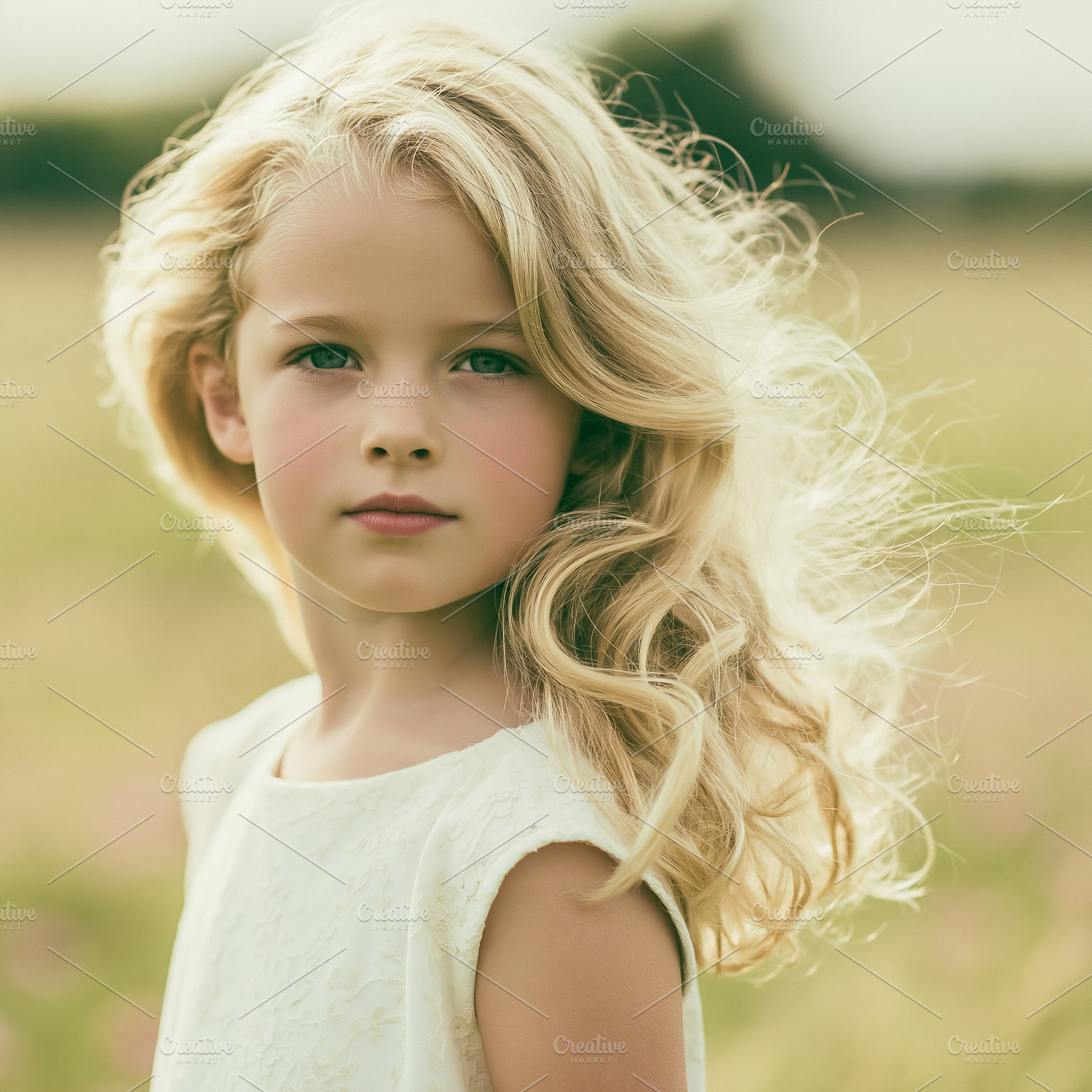 Little girl looking straight ahead, blonde hair flowing in wind,, a Person Photo by Studio ANNA