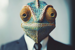 Chameleon dressed in a suit showcas, a Photo by Pavel_design