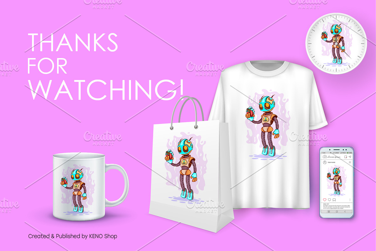 Romantic cartoon robot, Tshirt, PNG., an Animal Illustration by KENO Mascots (Photo 6 of 6)