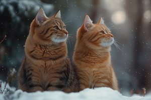Two orange tabby cats sitting side by side in a snowy landscape, with soft fall, an Animal Photo by Textures & Backgrounds
