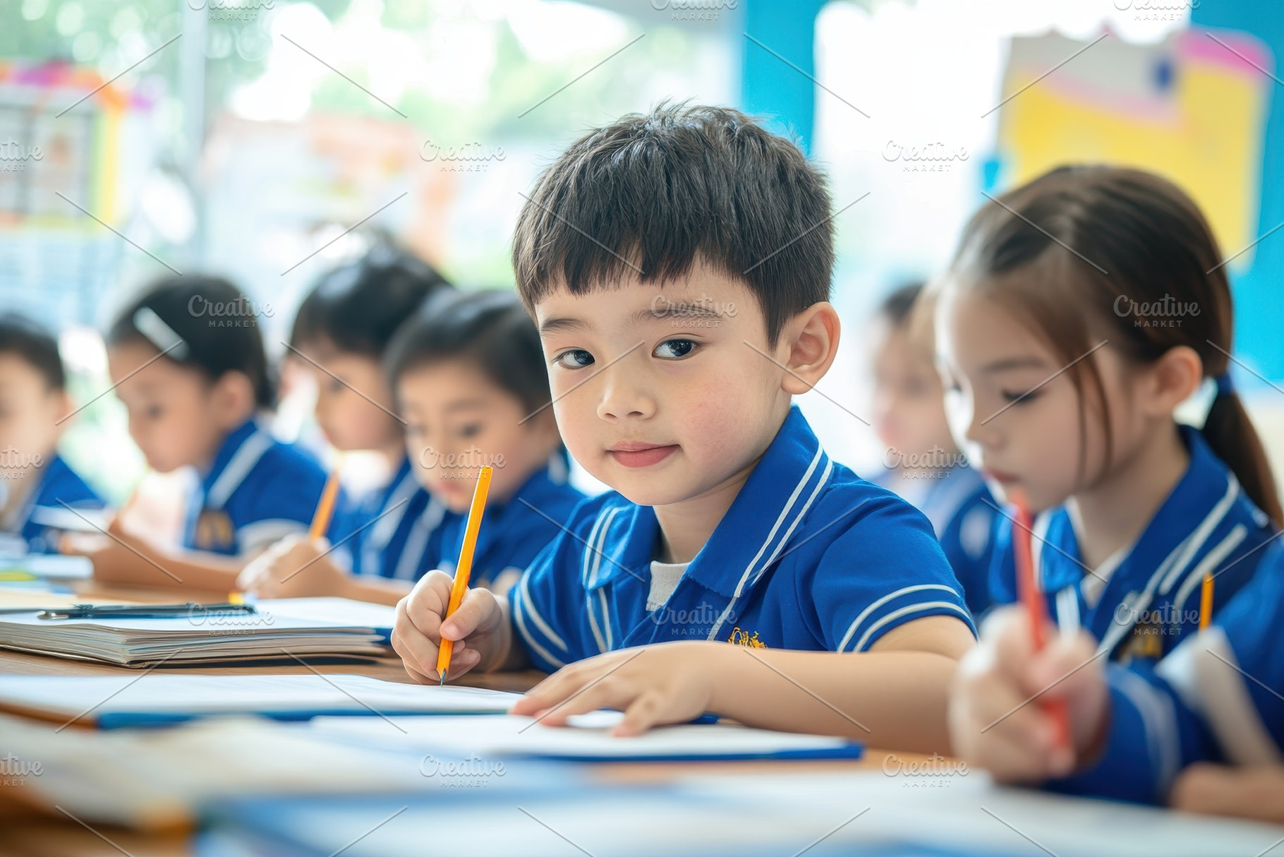 Little children in blue uniforms, a Photo by Pavel_design