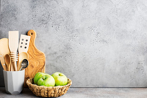 Kitchen shelf. Gray concrete wall