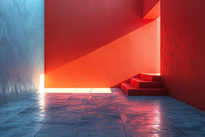 Minimal Red and Blue Architectural Interior with Stairs and Sunl, an Abstract Photo by José Manuel Gelpi