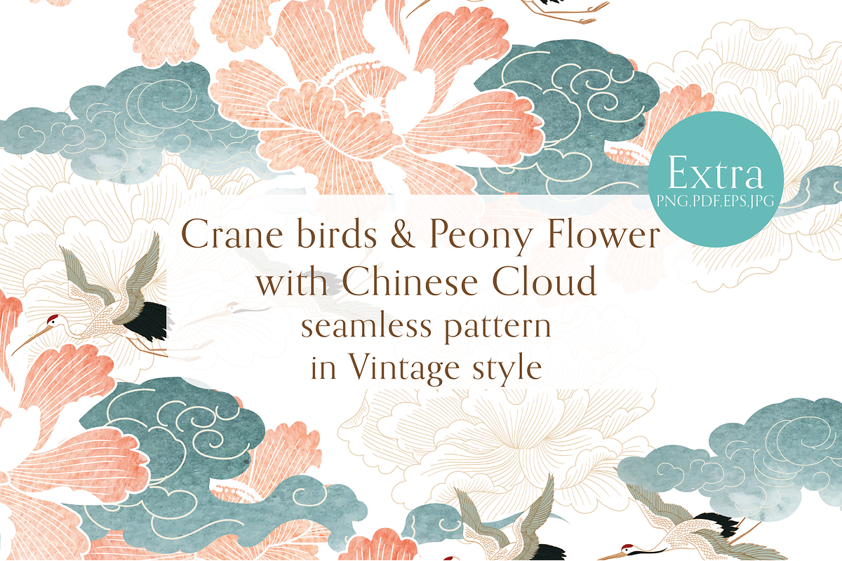 Crane birds & Peony with Cloud, a Pattern Graphic by marukopum (Photo 1 of 3)