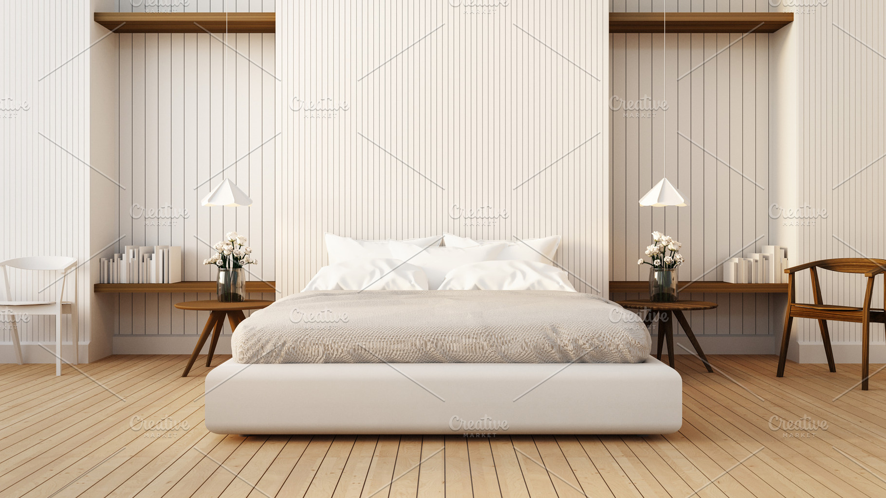 Loft and modern bedroom in white, an Architecture Photo by TONTECTONIX