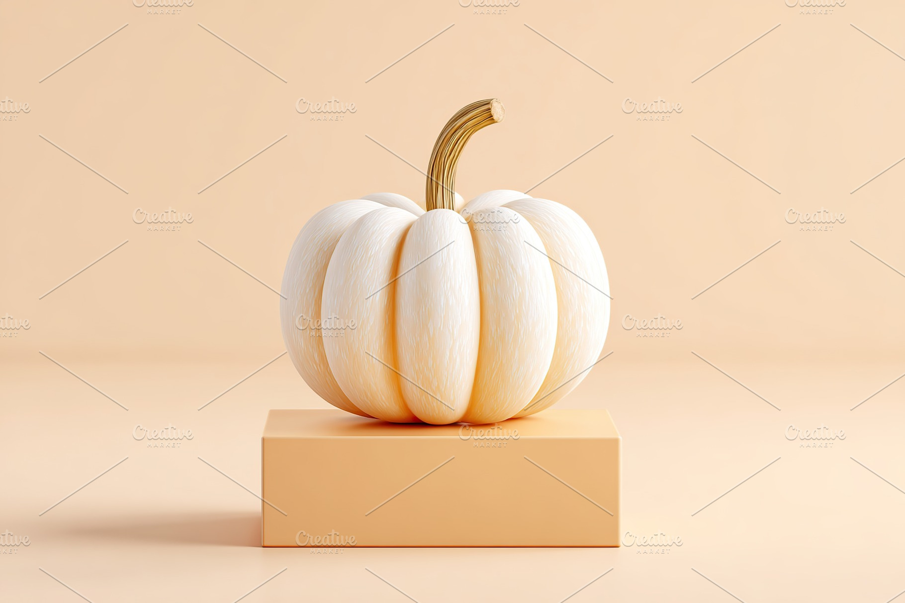 White pumpkin displayed on a wooden block against a neutral background for autu, a Photo by AlyaAnd