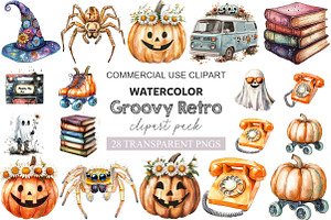 Groovy Retro Halloween Clipart, a Work Illustration by cherrydesign