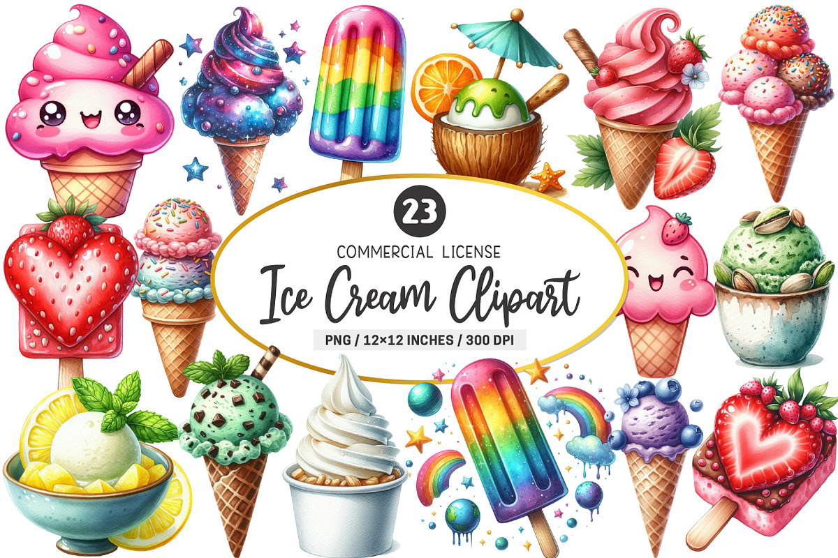 Ice Cream Watercolor Clipart, an Illustration by SinaCreation (Photo 1 of 5)