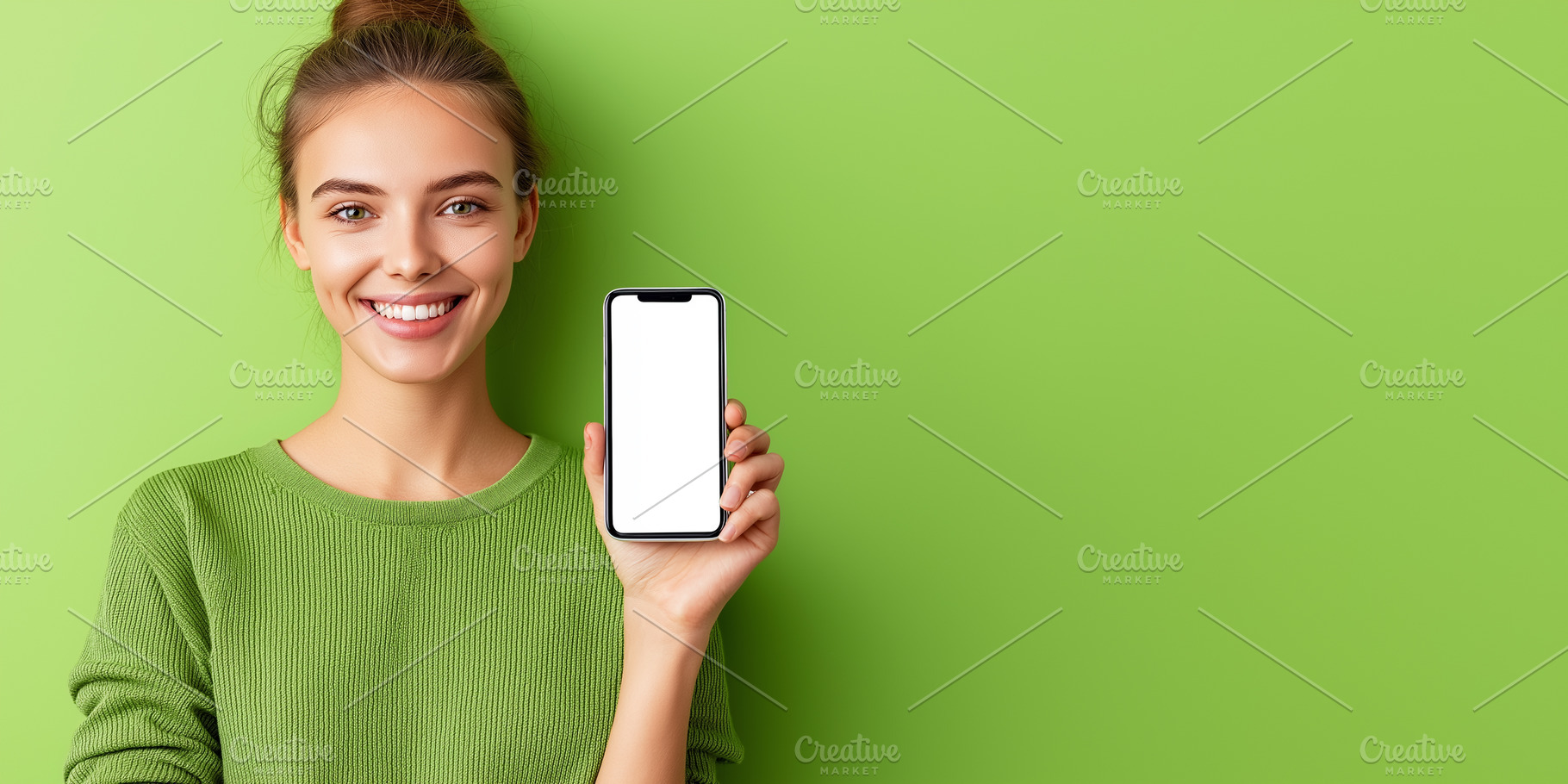 Young woman in green sweater smiling, a Technology Photo by MistyDay