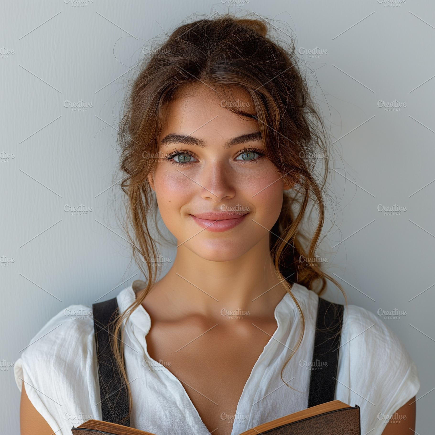 A young Caucasian woman with a warm smile, holding a book against a soft, neutr, a Person Photo by ImageMir