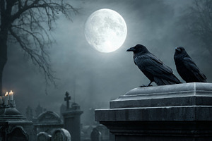 Halloween night with ravens perched near a graveyard under the moon, a Holiday Photo by OSORIOartist