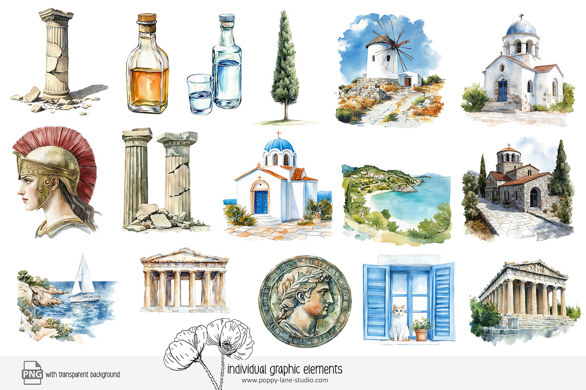 90 watercolour Greece clip art, a Seasonal Illustration by Poppy Lane Studio (Photo 11 of 12)