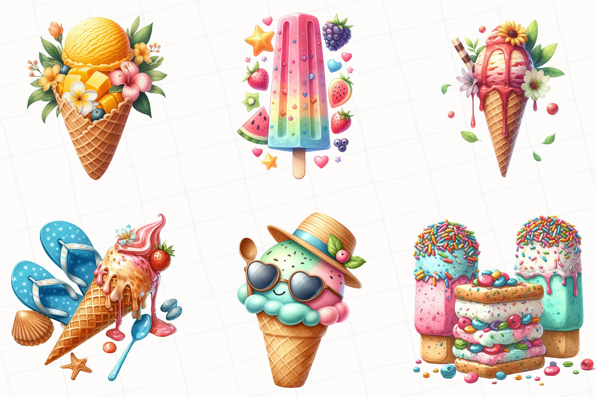Watercolor Summer Ice Cream Clipart, an Illustration by OK Design (Photo 5 of 5)