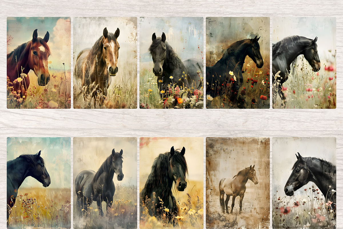 HORSE IN MEADOW JUNK JOURNAL PAGES, an Animal Illustration by Daring Digies (Photo 3 of 6)