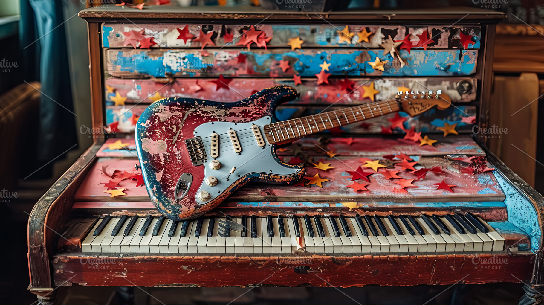 Vintage Guitar on Colorful Piano Adorned With Stars, a Photo by AS photostudio