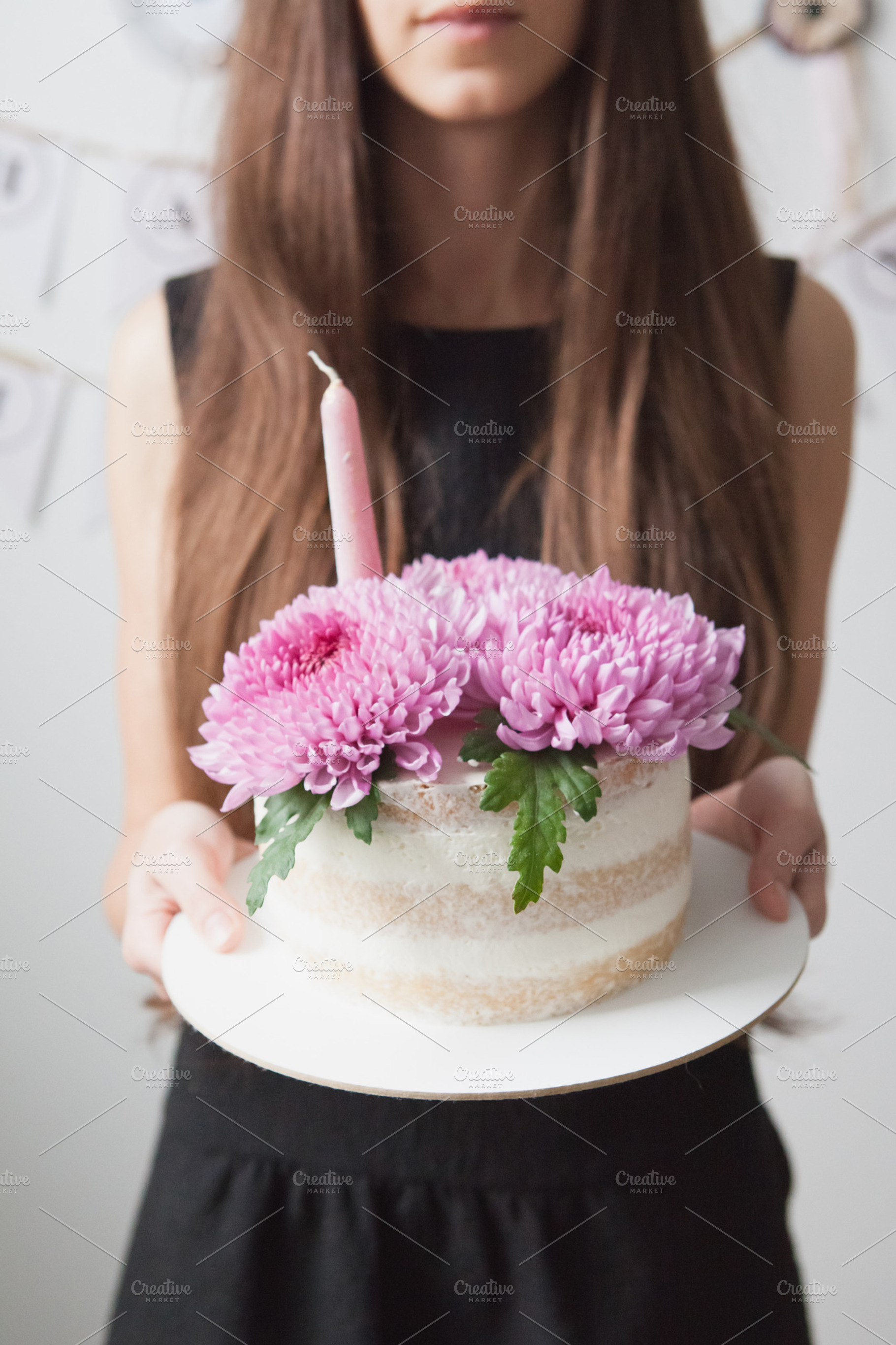 White cake with pink chrysanthemum, a Background Photo by Marine Girl shop