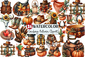 Watercolor Cowboy Autumn Clipart, an Illustration by Rose Art