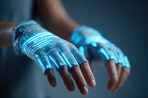 Hands wearing glowing futuristic digital gloves, a Technology Photo by AlyaAnd