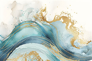 Watercolor Blue Gold Abstract Waves