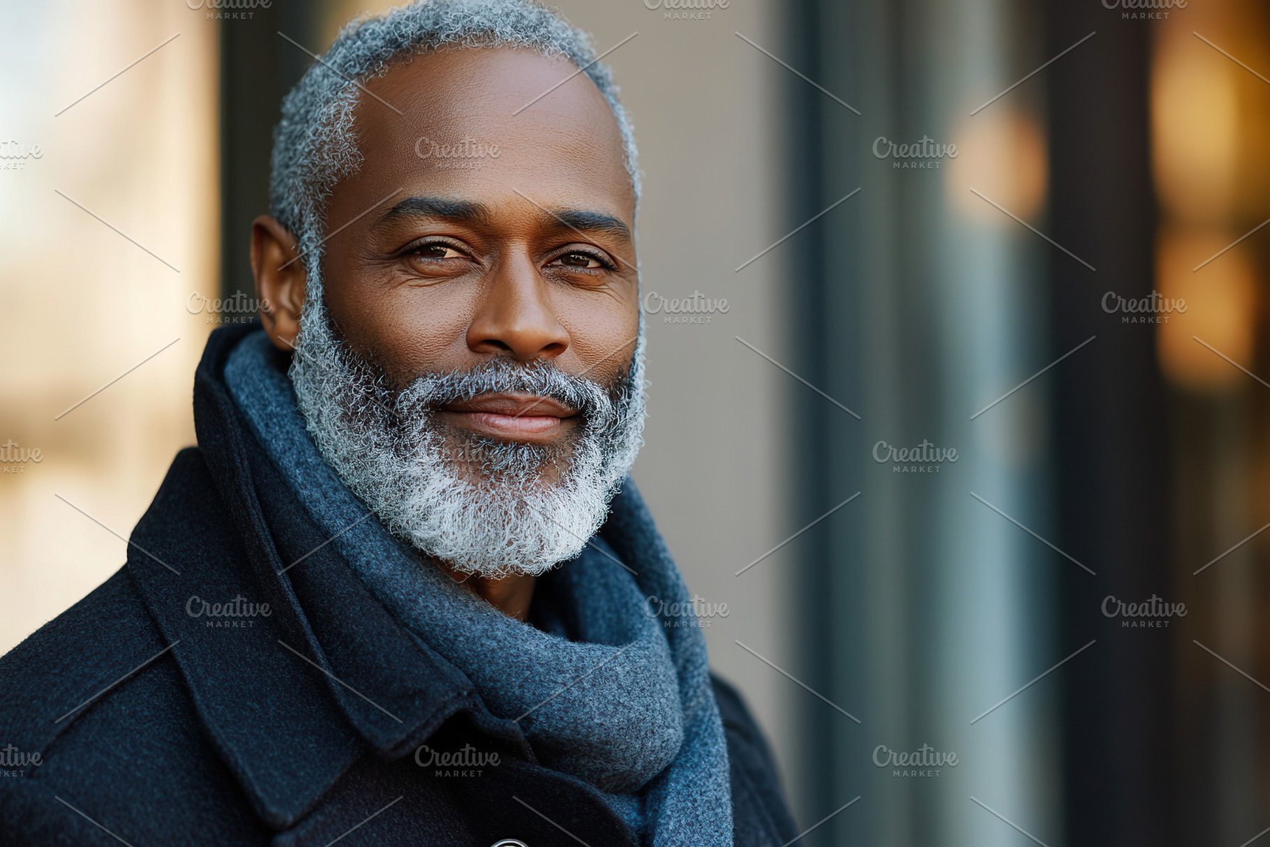 Mature man outside wearing a black coat and gray scarf with a smile, a Person Photo by AlyaAnd