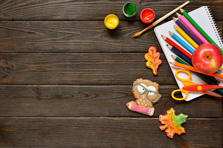 Back to school concept background with colored pencils red appple and, a School & Education Photo by ok_kate