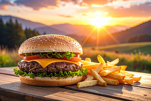 Juicy cheeseburger with melted cheese and golden fries on a rustic table in war, a Food & Drink Photo by DutchDigitalDesign