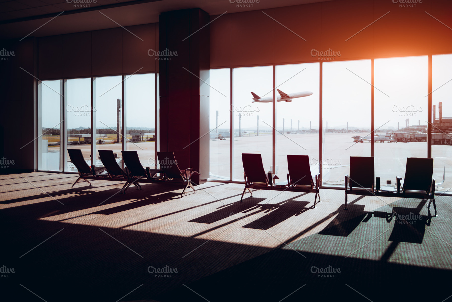 Airport waiting hall, plane outside, a Business Photo by SkyNext