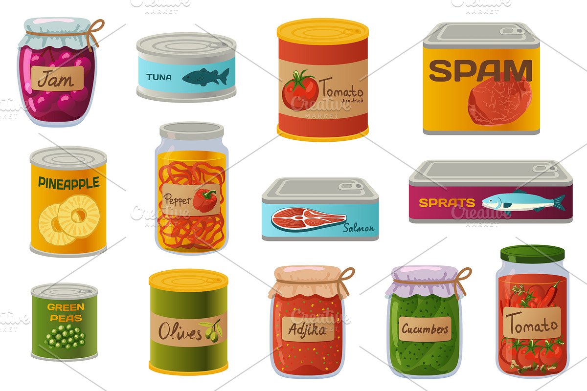 Cans Preserved Products Set, a Food Illustration by alexdndz