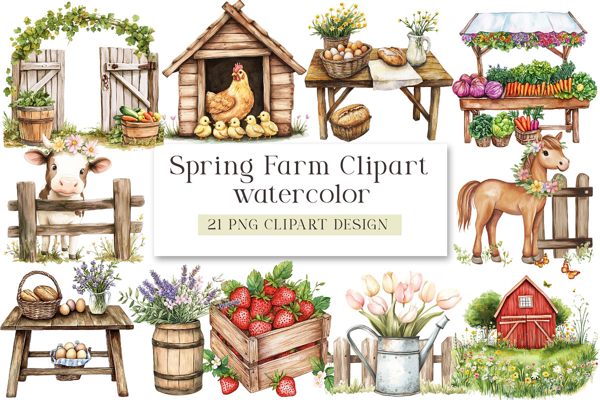 Watercolor Spring Farm Clipart, a Seasonal Illustration by DreamArtGraphic (Photo 1 of 4)