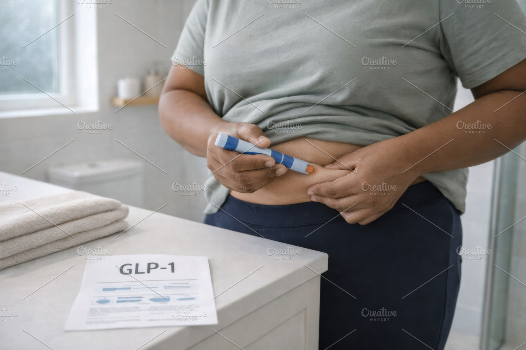 GLP1 treatment concept showing person injecting medication in a, a Photo by Dvoevnore photos