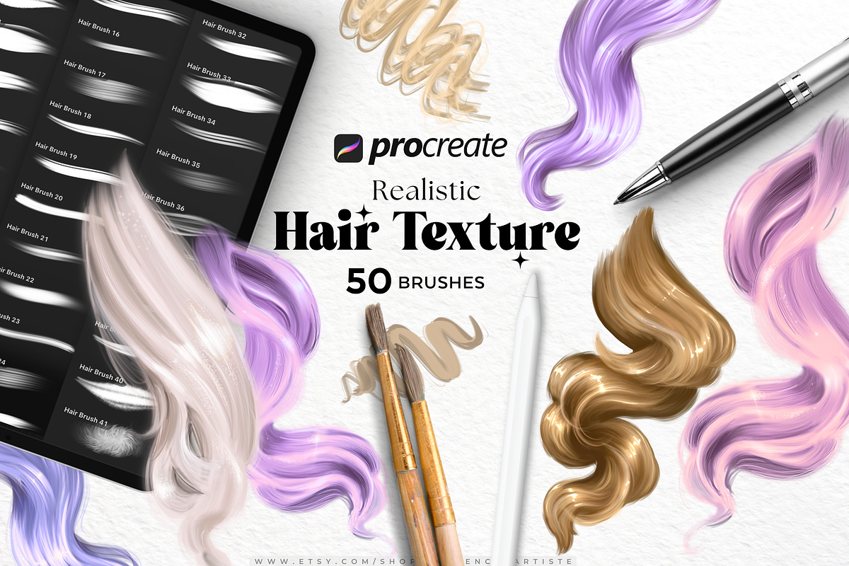 Procreate Hair Brushes, a Brush Add-On by LaurenceVArtiste (Photo 1 of 7)