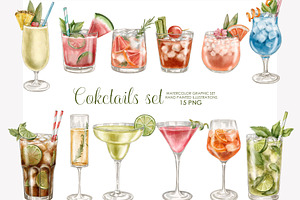 Watercolor cocktails clipart PNG