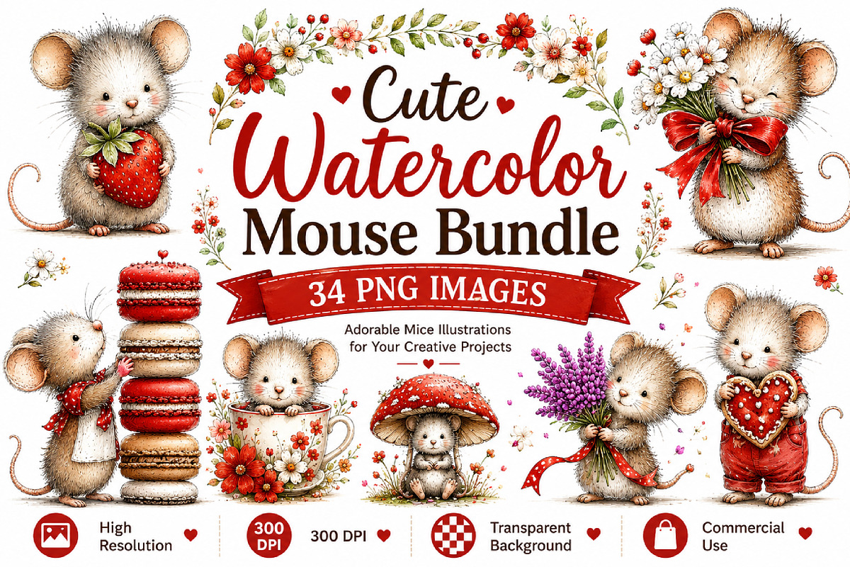 Cute Watercolor Mouse Bundle, an Animal Illustration by Craft Nest (Photo 1 of 6)
