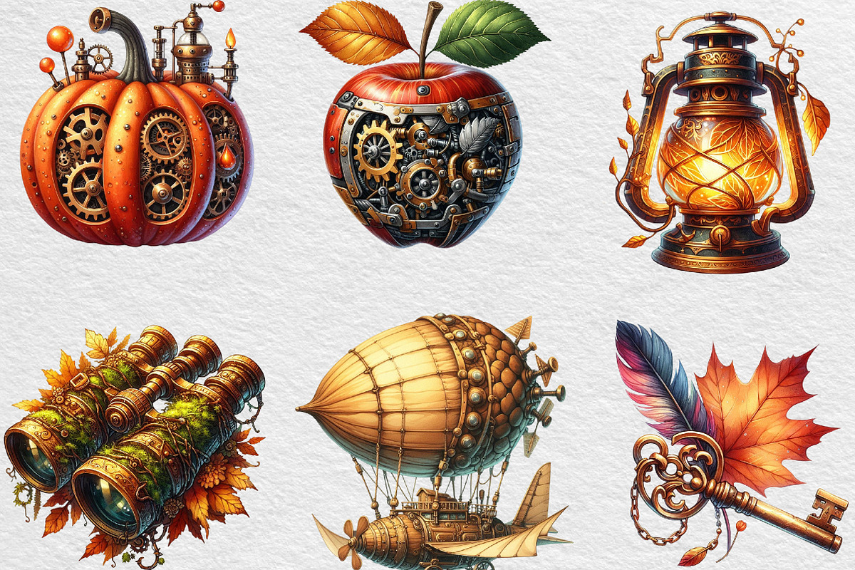 Watercolor Steampunk Autumn Clipart, an Illustration by Black Bird Studio (Photo 4 of 6)