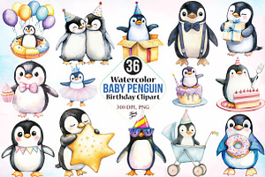 Watercolor Cute Baby Penguin Birthda, an Animal Illustration by Canvas Craft