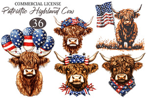 Patriotic Highland Cow Clipart PNG, an Illustration by designcity5