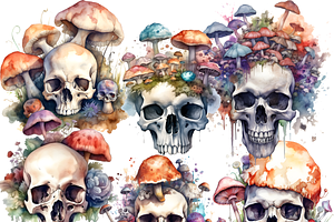 Watercolor Fungus Skulls Clipart