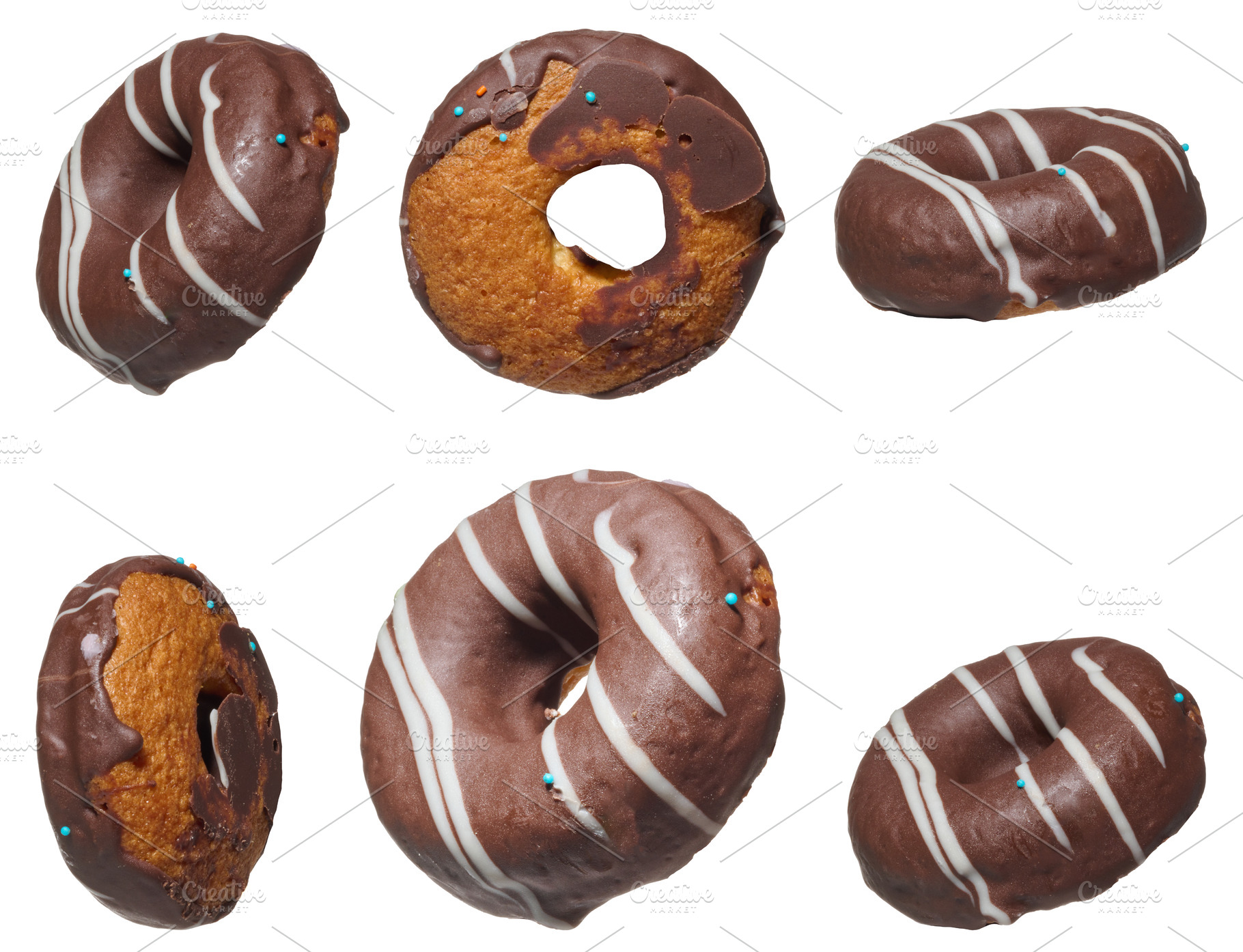 Six chocolate donuts decorated with white stripes of icing, isol, a Food & Drink Photo by ndanko