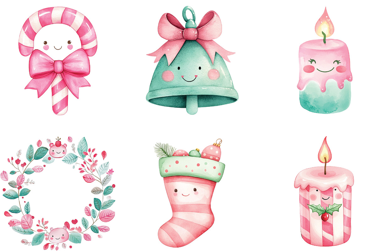 Kawaii Pink Mint Christmas Clipart, an Illustration by CraftArtStudio (Photo 2 of 6)