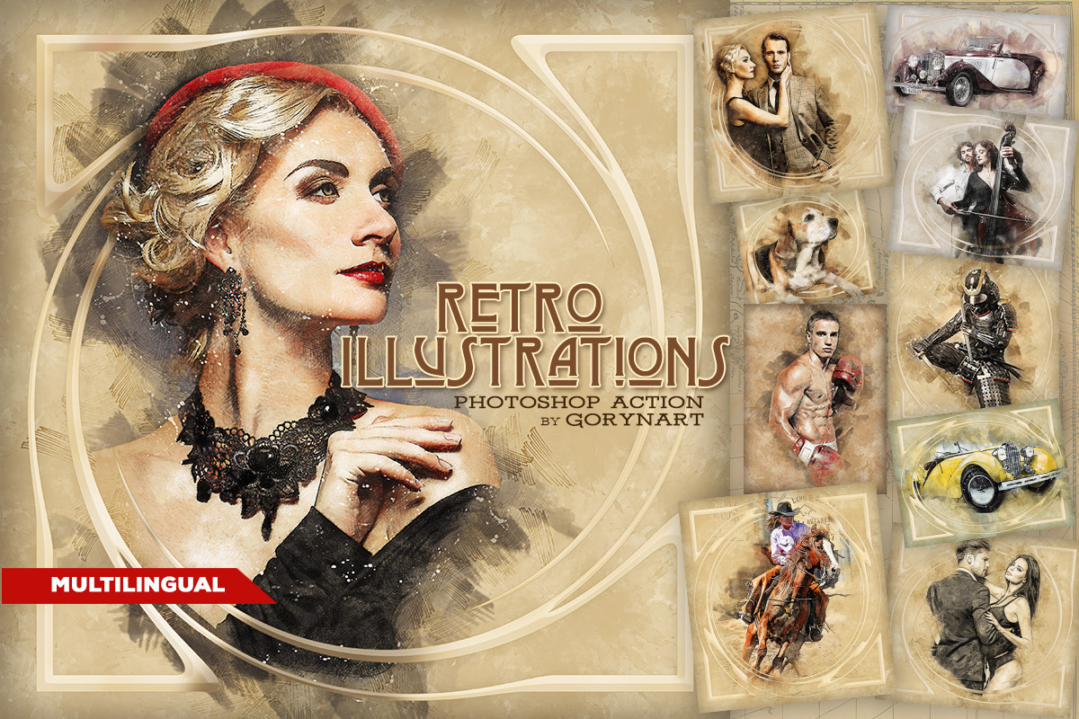 Retro Illustrations Photoshop Action, an Action Add-On by GorynArt (Photo 1 of 22)