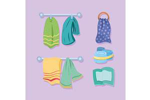 seven towels bathroom icons, an Object Illustration by studiogstock