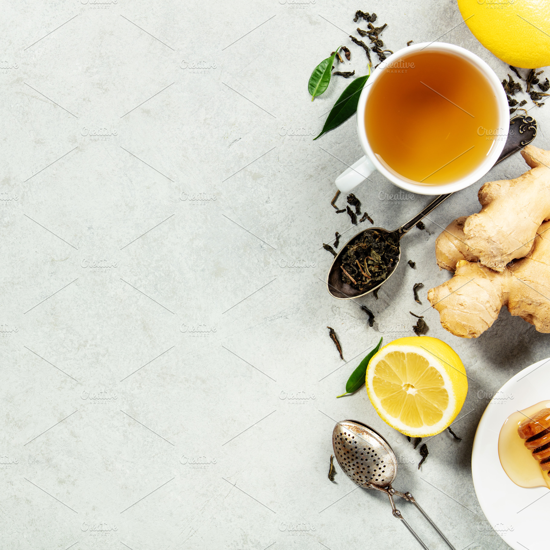 Herbal Tea with Ginger, Lemon, and Honey on Light Background, a Food & Drink Photo by Natalia Klenova's Shop