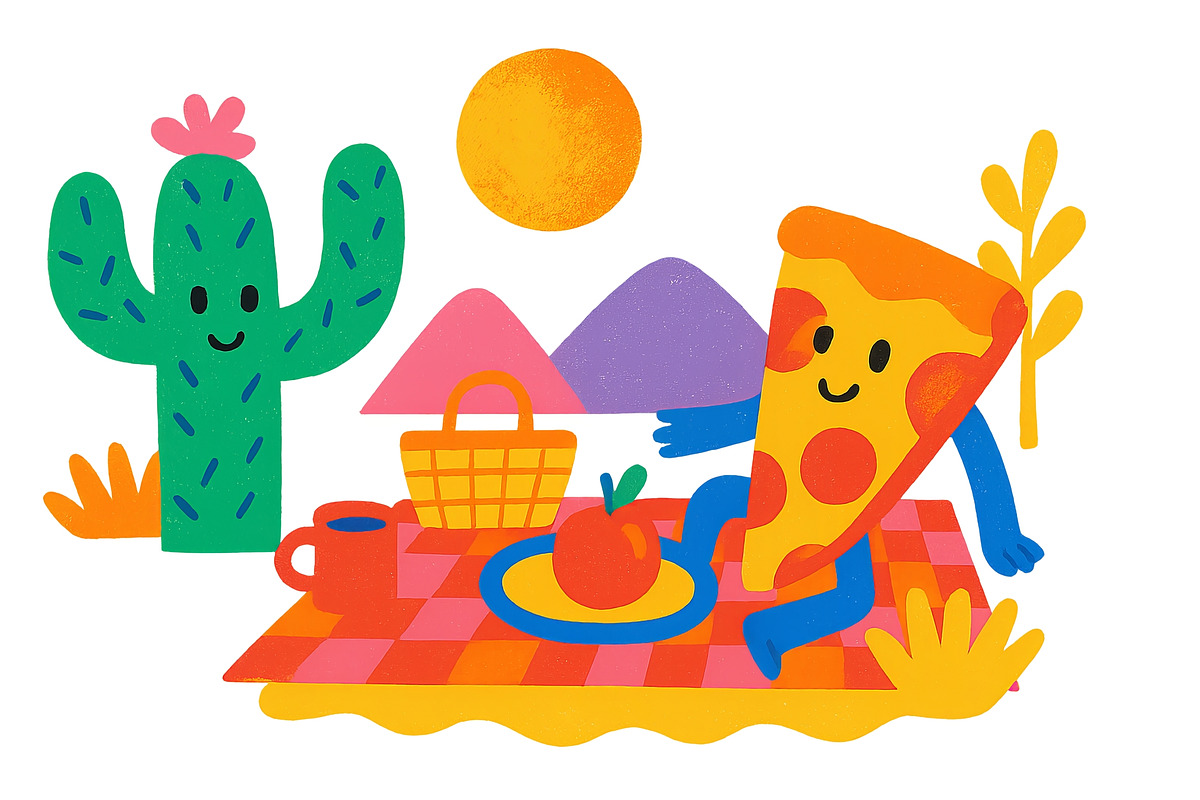Surreal animated picnic scene with p, an Illustration by Dvoevnore photos