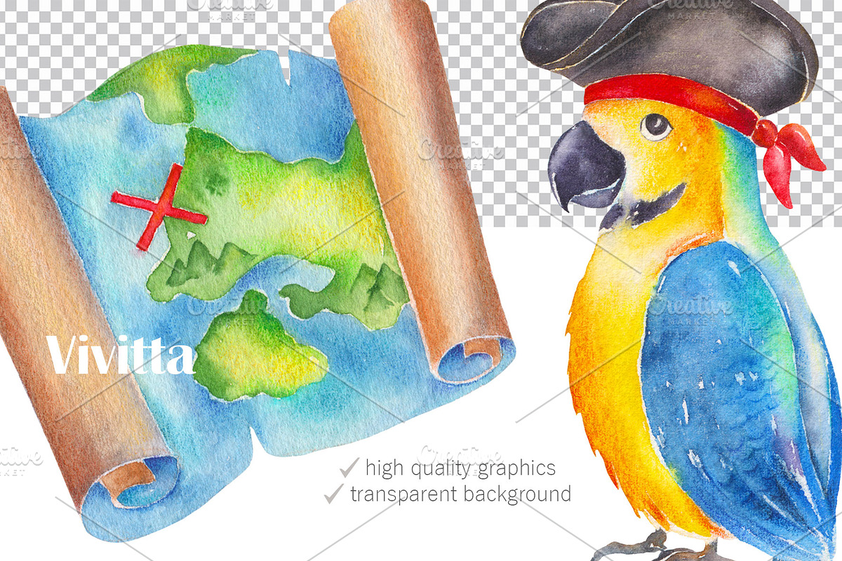 Pirates Party watercolor clipart set, an Illustration by Vivitta (Photo 2 of 5)