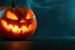 Glowing jack o lantern with cobweb on dark Halloween background