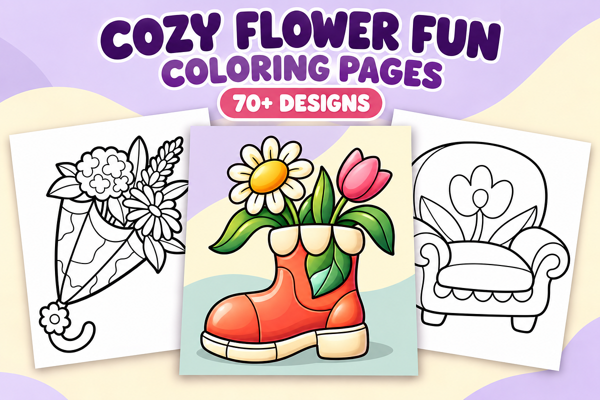 Cozy Flower Fun Coloring Pages, a Decorative Illustration by Inkivelle Studio (Photo 1 of 3)