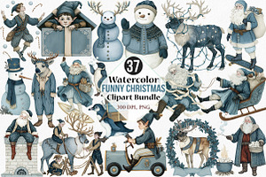 Watercolor Funny Christmas Clipart, an Illustration by Canvas Craft