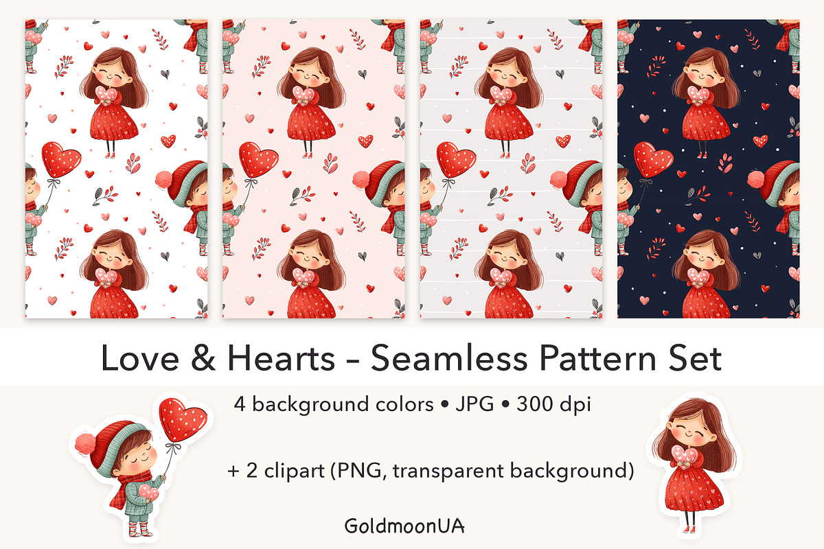 Love & Hearts Patterns & Clipart, a Seasonal Illustration by GoldmoonUA (Photo 1 of 5)