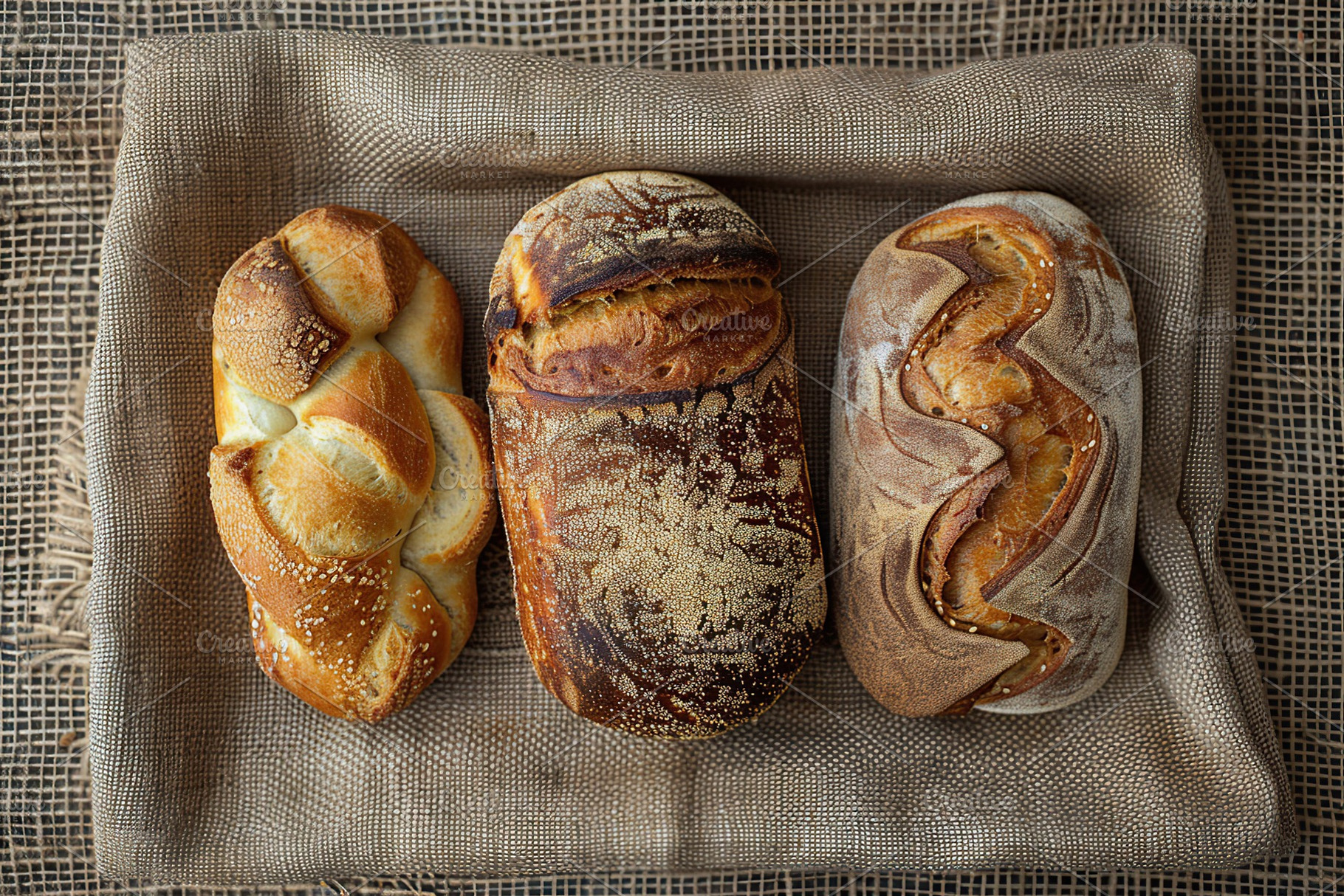 Different kinds of baked bread on burlap, a Food & Drink Photo by AlyaAnd